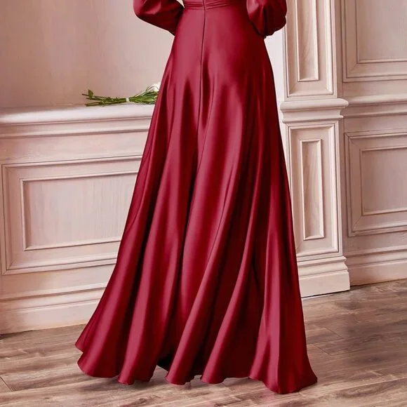 BURGUNDY V-Neck A-Line Shape Satin Prom Dress CD7475